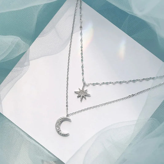 Sparkling Star & Moon Charm Necklace