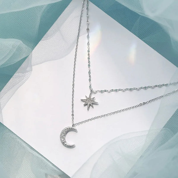 Sparkling Star & Moon Charm Necklace